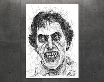 An American Werewolf in London Black and White Art Print A4 / 80s Horror Movie Wall Art / Werewolf Gothic Ink Sketch Print