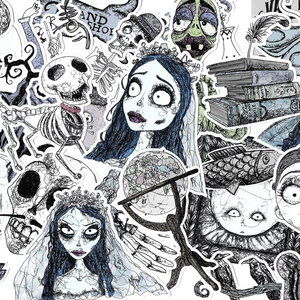 Corpse Bride Scribble Style Tim Burton Halloween Stickers / Scrapbook, Planner, Journal, Papercraft