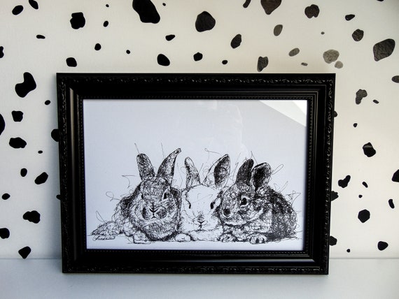 Bunny Rabbits A4 Art Print // Animal Scribble Ink Sketch Print | Etsy