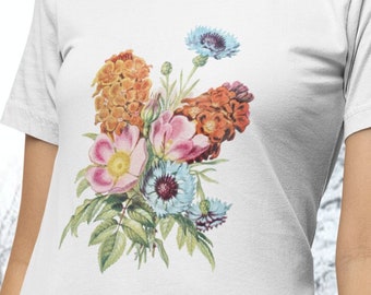 Vintage Botanical Unisex T-Shirt, Pink and Blue Flowers, Floral Shirt, Gifts For Her