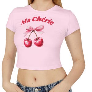 Coquette Bow Cherry Baby Tee for Women,  French Saying Cute Pink Summer Shirt, Red Fruit T-Shirt, Trendy Casual Top, Retro Style Tee