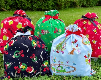 Dr. Seuss How the Grinch Stole Christmas Fabric Gift Bag, Medium Size, Reusable, Eco Friendly!