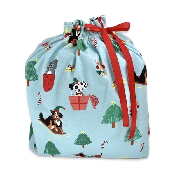 Christmas Flannel Fabric Gift Bags, Dog Print, Large Size, Reusable, Eco Friendly!