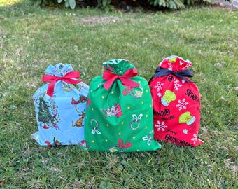 Dr. Seuss How the Grinch Stole Christmas Fabric Gift Bag, Small Size, Reusable, Eco Friendly!