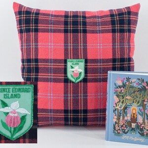 Prince Edward Island Throw Pillow Cover, Plaid Pillow Cover with Voyager Travel Patch