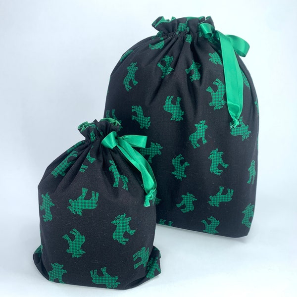 Christmas Fabric Gift Bags, Moose Print, Medium, Small, Christmas Wrapping, Reusable, Eco Friendly!