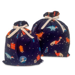Christmas Flannel Fabric Gift Bags, Dinosaur Print, Large Size, Reusable, Eco Friendly!