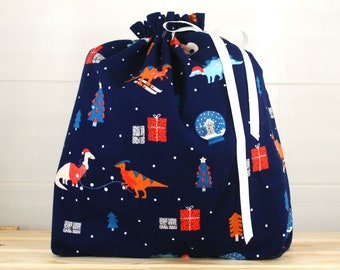 Christmas Flannel Fabric Gift Bags, Dinosaur Print, Large Size, Reusable, Eco Friendly!