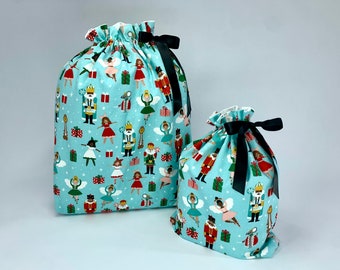 Nutcracker Fabric Gift Bags, Nutcracker Print, Medium, Small, Christmas Wrapping, Reusable, Eco Friendly!