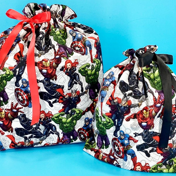 Avengers Print Fabric Gift Bags, Medium, Small, Marvel Gift Wrapping, Reusable, Eco Friendly!