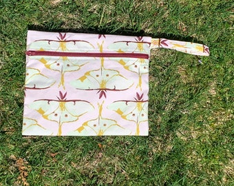 Pink Moth Print Wet Bag, PUL Lined Cloth Diaper Bag