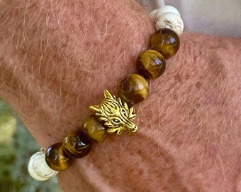 Men's Tiger's Eye and Howlite bracelet with golden wolf head