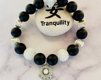 Black Onyx bracelet with silver charm, Black, White & Silver Boho statement bracelet, Elegant Holiday bracelet