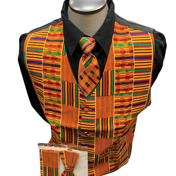 Kinte kente African print Black history vest set 4pc set