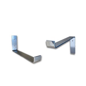 May include: Two silver metal shelf brackets. Each bracket has a right-angle shape with a flat base and a vertical support. The brackets are designed for wall mounting and are suitable for supporting shelves.