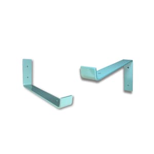 May include: Two light blue metal shelf brackets. Each bracket has an L-shape with a flat base and a vertical support. The brackets have pre-drilled holes for mounting. The brackets are designed for supporting shelves and other items.