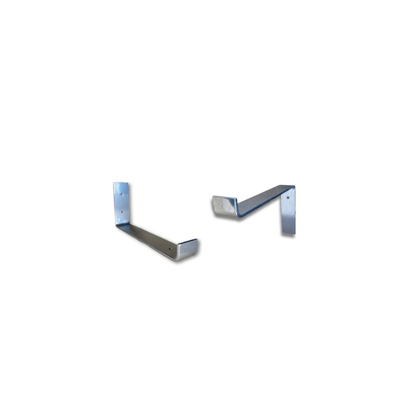 Three chrome scaffold board shelf brackets, small L-shaped metal supports, galvanised finish
