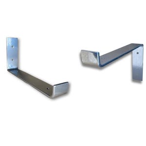 Single chrome scaffold board shelf bracket, angled view showing vertical screw holes and sturdy steel support