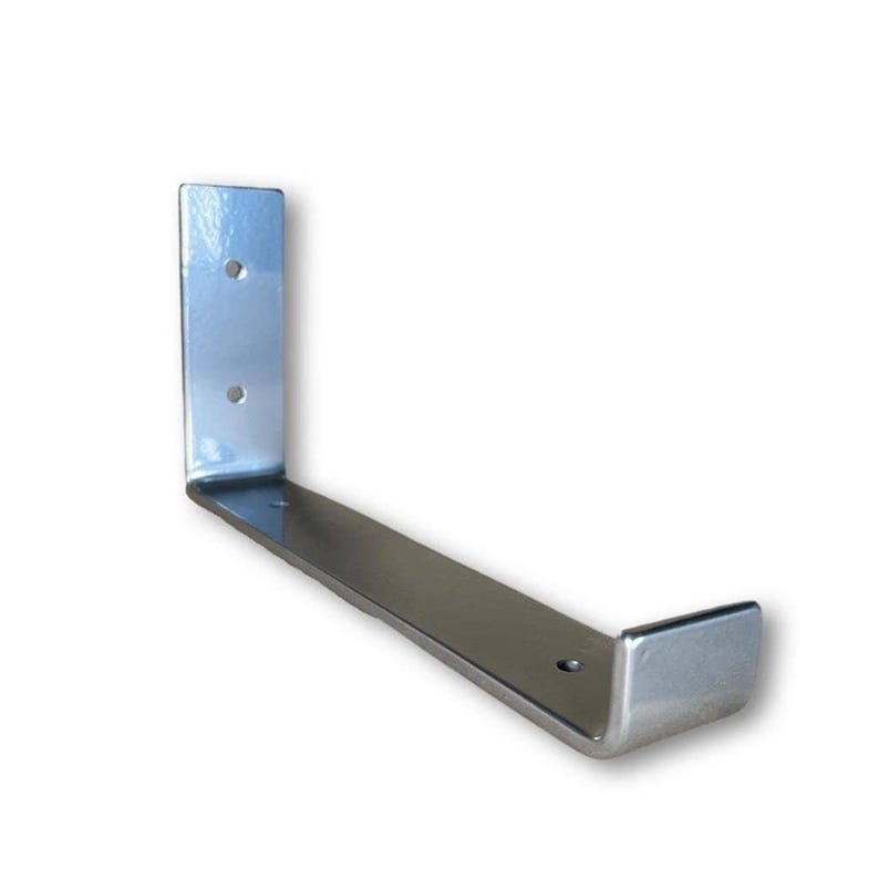 Two chrome scaffold board shelf brackets, one upright, one angled, modern industrial shelf supports with clean lines