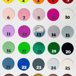 Numbered powder-coat color chart, 30 swatches showing neutrals, brights and rustic tones for metal cocker spaniel wall art