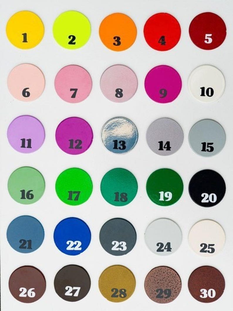 Numbered powder-coat color chart, 30 swatches showing neutrals, brights and rustic tones for metal cocker spaniel wall art
