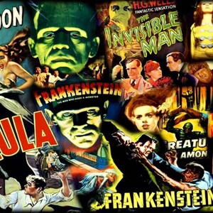 Pode incluir: Uma colagem de cartazes de filmes vintage que apresentam filmes de terror cl&aacute;ssicos. Os cartazes apresentam personagens ic&ocirc;nicos como Dr&aacute;cula, o monstro de Frankenstein, a m&uacute;mia e a criatura da lagoa negra. Os cartazes s&atilde;o de v&aacute;rias cores, incluindo vermelho, verde, amarelo e preto.