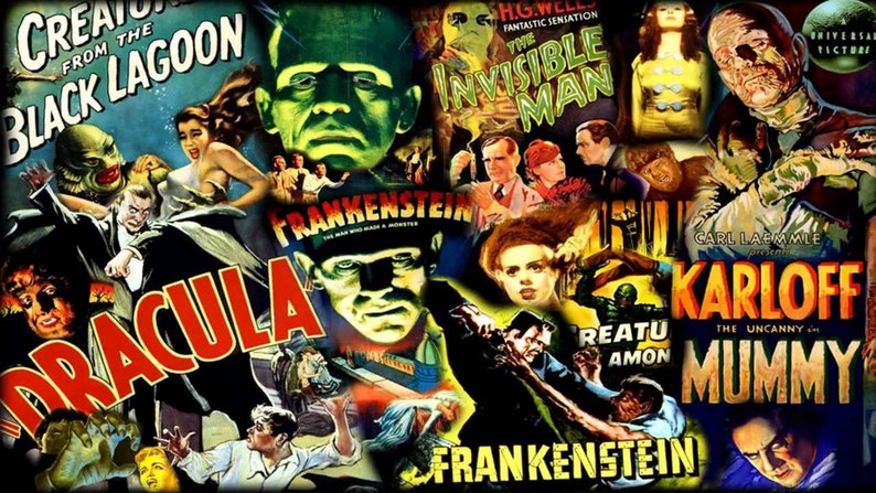 Pode incluir: Uma colagem de cartazes de filmes vintage que apresentam filmes de terror cl&aacute;ssicos. Os cartazes apresentam personagens ic&ocirc;nicos como Dr&aacute;cula, o monstro de Frankenstein, a m&uacute;mia e a criatura da lagoa negra. Os cartazes s&atilde;o de v&aacute;rias cores, incluindo vermelho, verde, amarelo e preto.