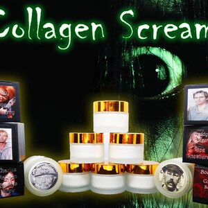 Pode incluir: Potes de tratamento corporal Collagen Scream com caixas pretas que apresentam personagens de filmes de terror. As caixas t&ecirc;m t&iacute;tulos como "Candy Dear Pipe Raspberry" e "Charlie Manson Skin Serum".