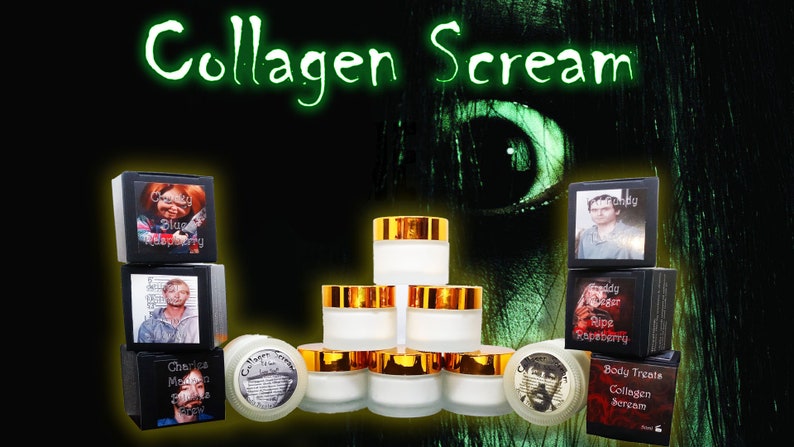 Pode incluir: Potes de tratamento corporal Collagen Scream com caixas pretas que apresentam personagens de filmes de terror. As caixas t&ecirc;m t&iacute;tulos como "Candy Dear Pipe Raspberry" e "Charlie Manson Skin Serum".
