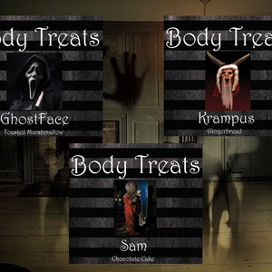 Pode incluir: Tr&ecirc;s sacos de guloseimas com tema de Halloween com fundos listrados em preto e branco. Os sacos apresentam imagens de Ghostface, Krampus e Sam do filme Trick 'r Treat. O texto nos sacos diz "Body Treats" e inclui o nome e a descri&ccedil;&atilde;o da guloseima.