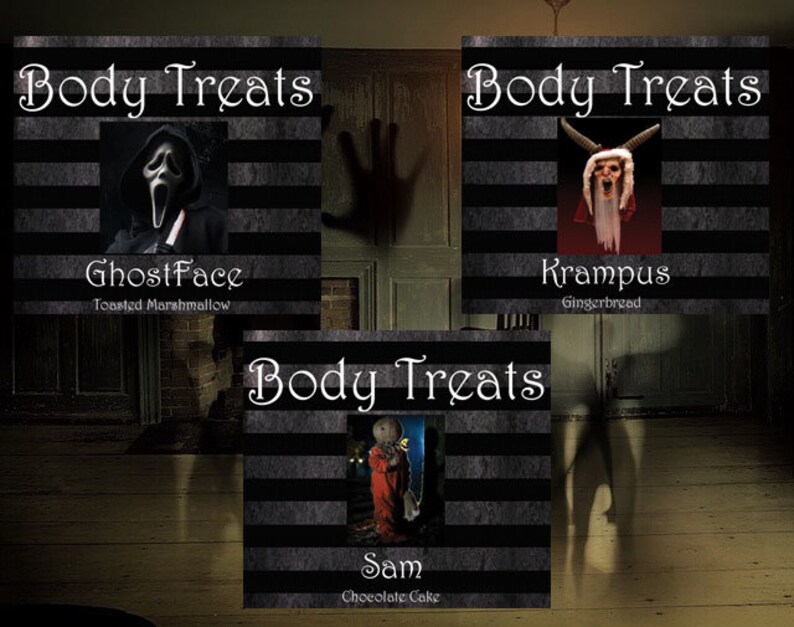 Pode incluir: Tr&ecirc;s sacos de guloseimas com tema de Halloween com fundos listrados em preto e branco. Os sacos apresentam imagens de Ghostface, Krampus e Sam do filme Trick 'r Treat. O texto nos sacos diz "Body Treats" e inclui o nome e a descri&ccedil;&atilde;o da guloseima.