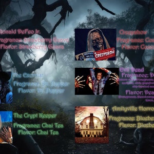 Pode incluir: Uma colagem de personagens de filmes de terror com seus aromas e sabores correspondentes. Os personagens incluem Ronald DeFeo Jr., O Exorcista, O Guardi&atilde;o da Cripta, Creepy Show, Evil Dead e Amityville Horror.
