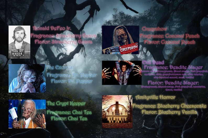 Pode incluir: Uma colagem de personagens de filmes de terror com seus aromas e sabores correspondentes. Os personagens incluem Ronald DeFeo Jr., O Exorcista, O Guardi&atilde;o da Cripta, Creepy Show, Evil Dead e Amityville Horror.