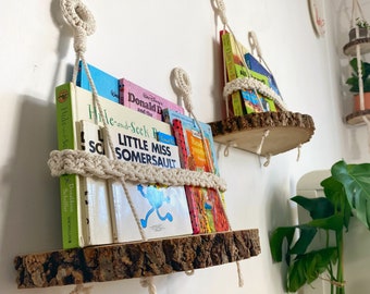 Wooden Nursery Bookshelf Ledge, Macramé Kids Bookcase
