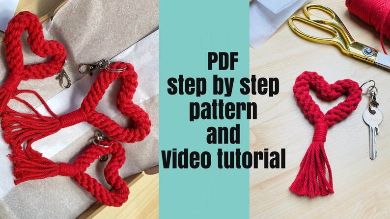 Macrame Heart PDF Pattern Easy Valentines keychain tutorial image 2