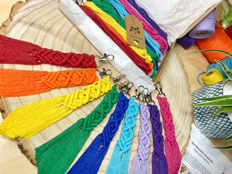 9 Pack of DIY Macrame Diamond Keychains Rainbow Colours Rainbow