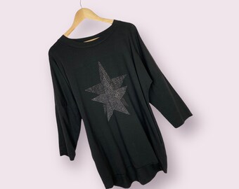 Black Sweatshirt Made in Italy Silver Stud Star Long Tunic Oversized Pockets Comfortable Winter Top, Gift For Her One Size 10-18 Lagenlook