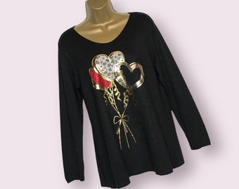 Black Lightweight Fine Knit Jumper Sweater Balloon Heart Gold Foil, One Size 10-14 Made in Italy V Neckline Boho Lagenlook Gift For Her