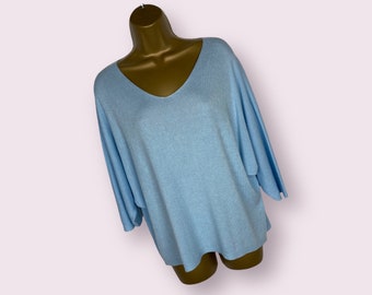 Blue Lightweight Knitted Jumper Sweater 3/4 Length Sleeves Plus One Size 10-16 Made in Italy V Neckline Boho Lagenlook Gift For Her Winter