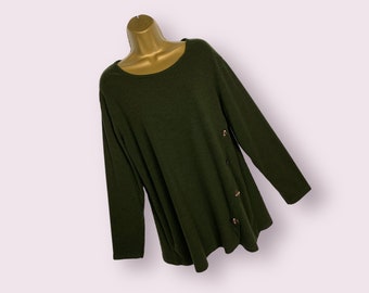 Cosy Knitted Jumper Sweater Green Fleece Soft Button Plus One Size 14-20 Made in Italy Round Neckline Boho Lagenlook Gift For Her Winter
