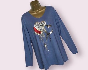 Blue Lightweight Fine Knit Jumper Sweater Balloon Heart Gold Foil, One Size 10-14 Made in Italy V Neck, Boho Lagenlook Gift For Her Winter