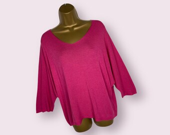 Pink Lightweight Knitted Jumper Sweater 3/4 Length Sleeves Plus One Size 10-16 Made in Italy V Neckline Boho Lagenlook Gift For Her Winter