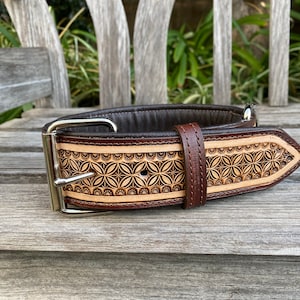 Personalized Leather Dog Collar, Luxury Collar, Handcrafted Quality Herman Oak Leather, Geometric Steel Stamps, Hand Carved, Hand tooled