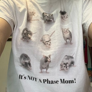 Pode incluir: Camiseta branca com um gr&aacute;fico de nove ratos em diferentes poses. O texto "It's NOT A Phase Mom!" &eacute; impresso abaixo dos ratos.