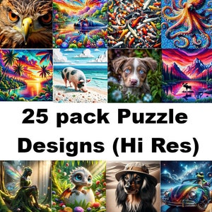 May include: A set of 25 high-resolution digital puzzle designs. The designs feature a variety of colorful and whimsical images, including a hawk, a hippopotamus, a school of fish, an octopus, a tropical sunset, a pig, a puppy, a moose, a fairy, a dragon, a dachshund, and a frog in a car.