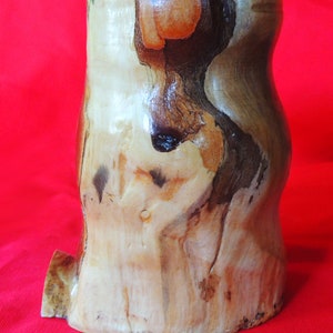 K&ouml;nnte beinhalten: Eine Holzevase mit nat&uuml;rlicher, rustikaler Oberfl&auml;che. Die Vase hat eine einzigartige, unregelm&auml;&szlig;ige Form und eine hellbraune Farbe mit dunkleren braunen Streifen.