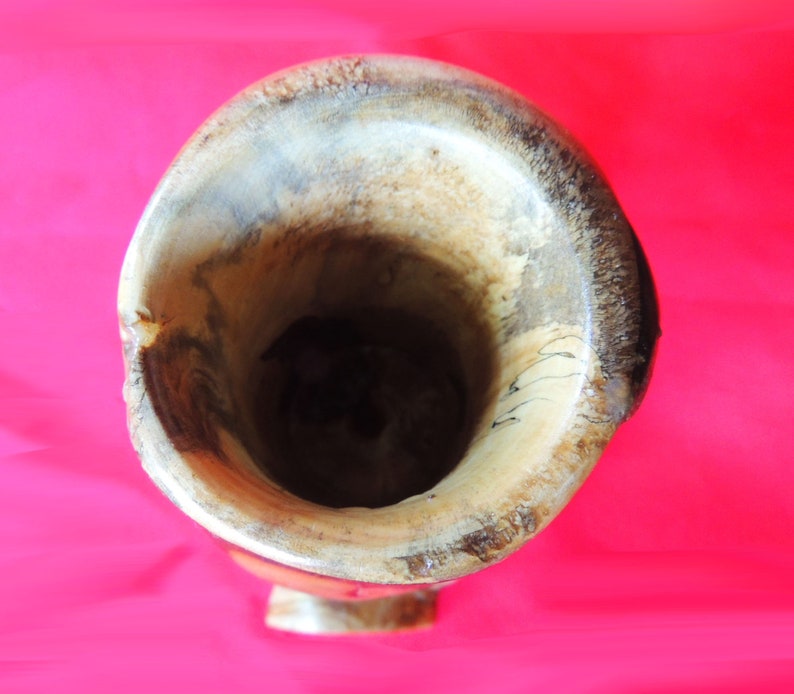 K&ouml;nnte beinhalten: Nahaufnahme des Inneren einer Holzvase. Die Vase ist aus hellbraunem Holz mit dunkelbraunen Streifen. Das Innere der Vase ist leer.