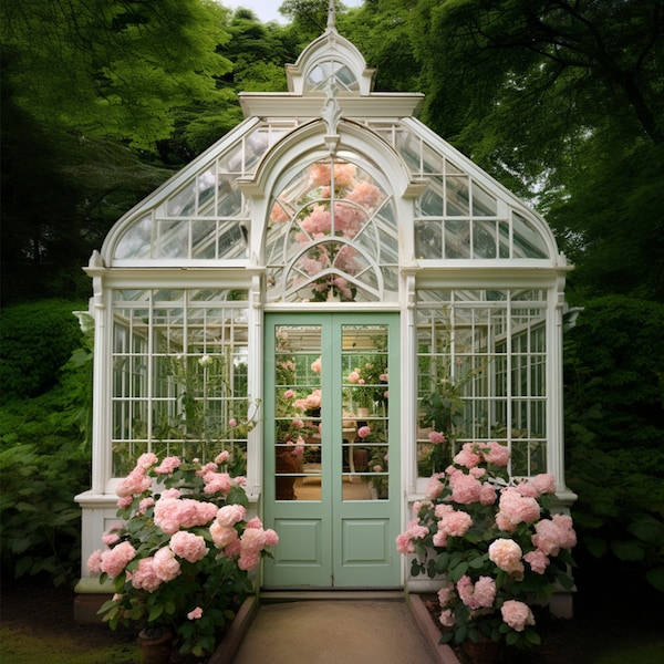 Digital Photo Background of a Vintage Greenhouse with Pink Peonies, White Greenhouse, Mint Doors, Fantasy Photography, Fine Art Photography