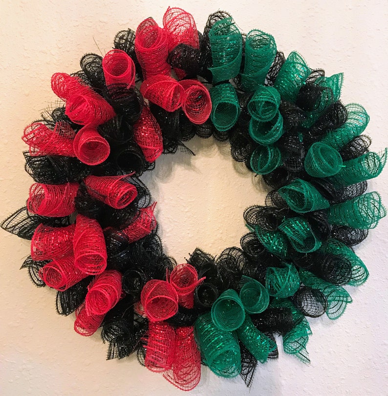 Mesh Kwanzaa Wreath Black Red Green 14 inch