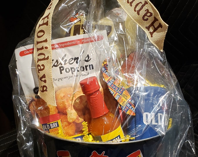 Maryland Old Bay Gift basket Bucket Old Bay Snacks, Crab Chips, Hot